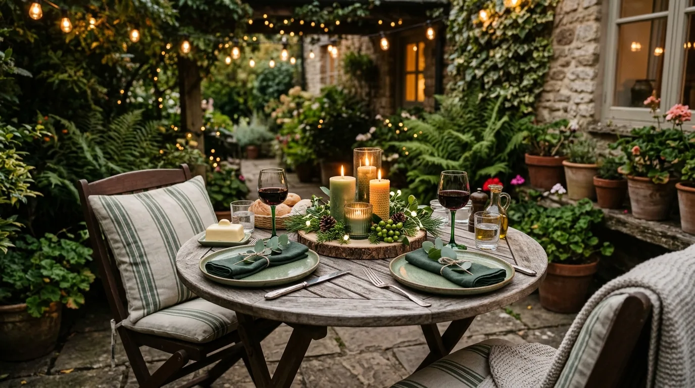 Outdoor table styled with green St. Patrick's Day decor